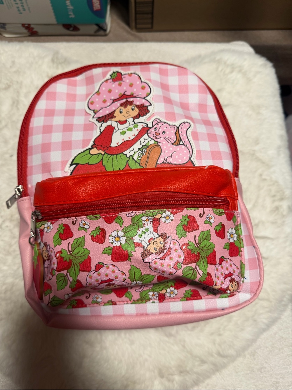 Pink Strawberry Print Kids Backpack with Red Accent